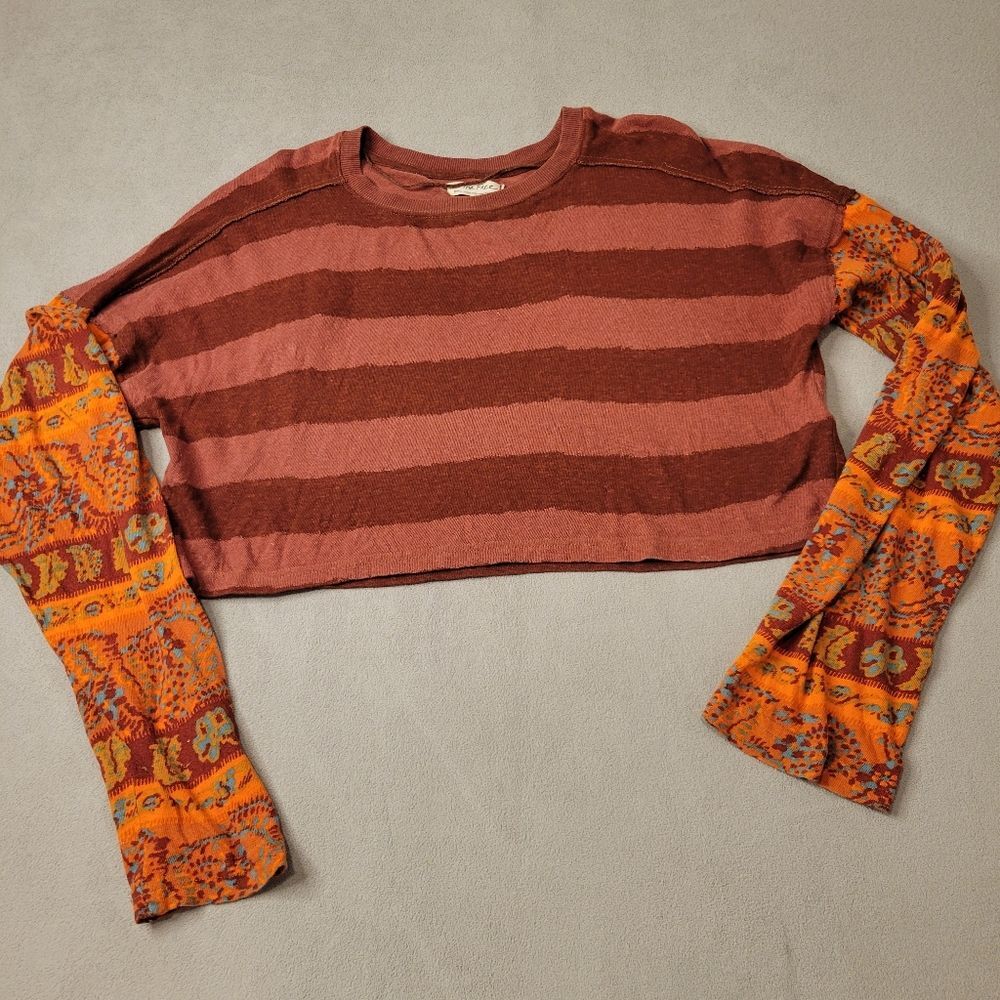 Free People Jamie Tee Moody Combo Small Cropped Top Long Sleeves